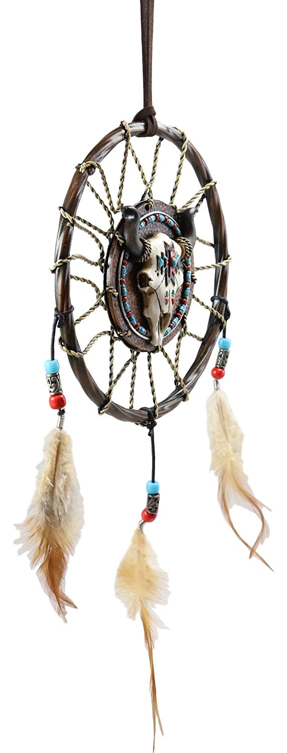 Ebros Native American Horned Bison Steer Cow Skull Dreamcatcher With Beaded Feathers