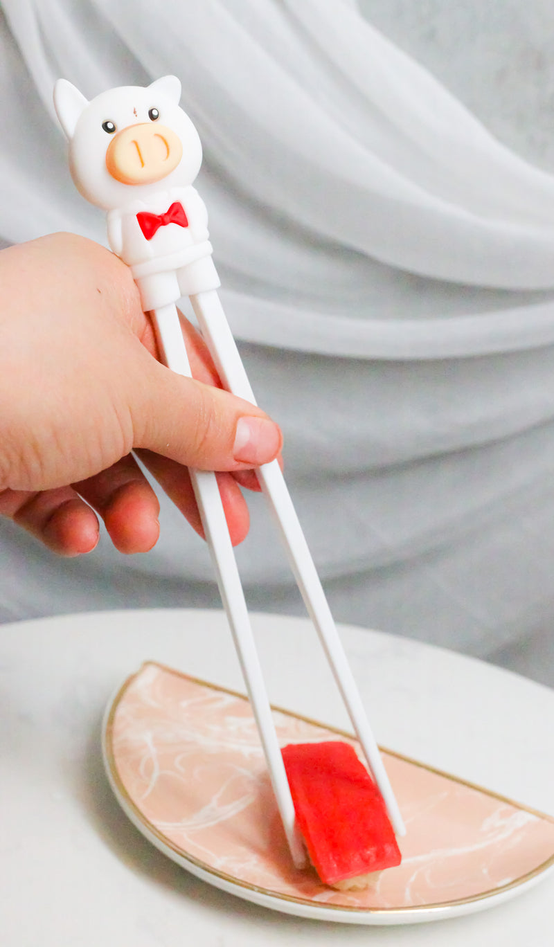 White Porky Pig Reusable Training Chopsticks Set With Silicone Helper BPA Free