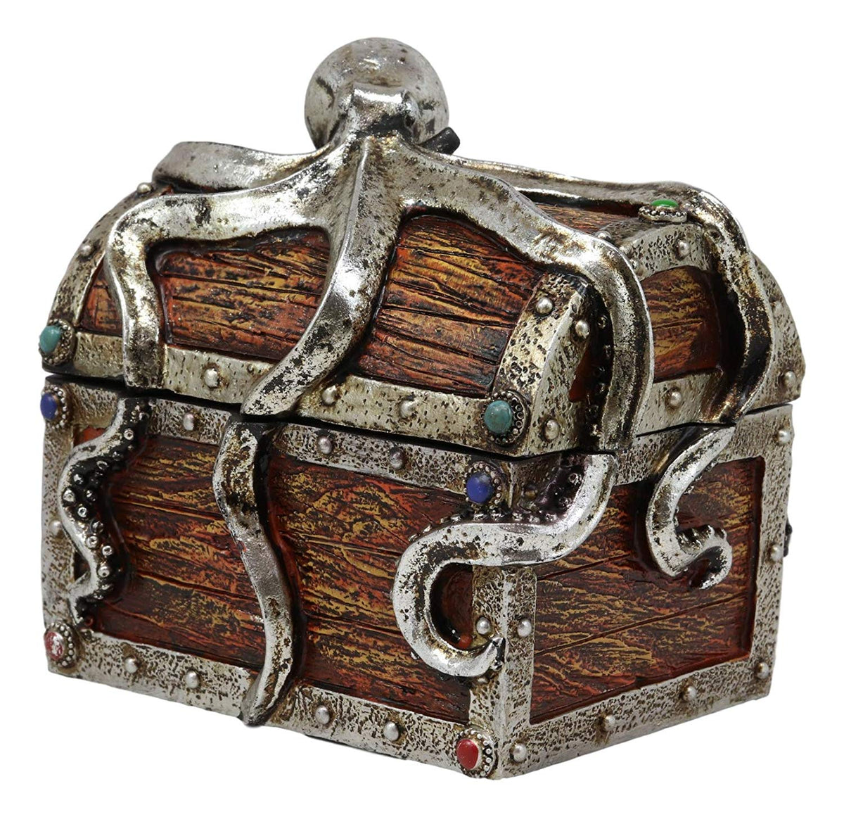 Ebros Gift Silver Shimmer Alien Octopus Guarding Pirate Treasure Chest Box Trinket Box Figurine Nautical Coastal Ocean Decorative Jewelry Storage Keepsake (6.25" Wide Medium)