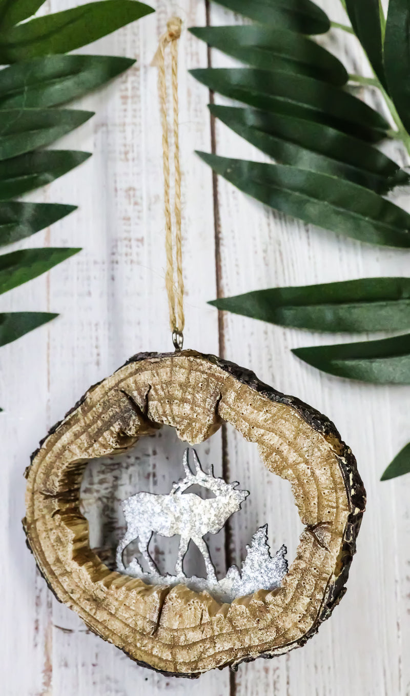 Rustic Western Elk Deer Faux Wood Log Slice Set of 4 Christmas Tree Ornaments