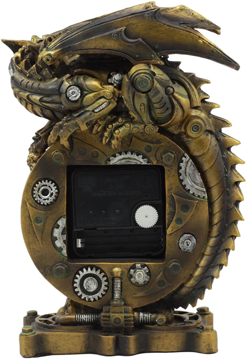 Chronos Resting Steampunk Cyborg Dragon Table Clock Statue Painted Gearwork Art