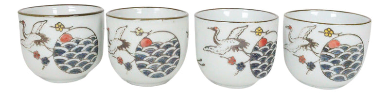 Japanese Design Stork Flight Bird Ceramic White Sake Set Flask With Four Cups