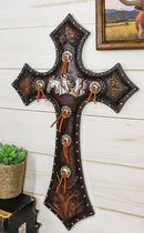 Rustic Western Triple Silver Mustang Horses Faux Tooled Leather Wall Cross 19"H