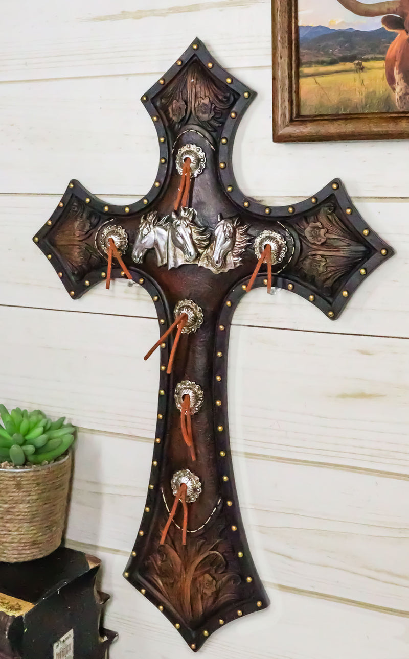 Rustic Western Triple Silver Mustang Horses Faux Tooled Leather Wall Cross 19"H