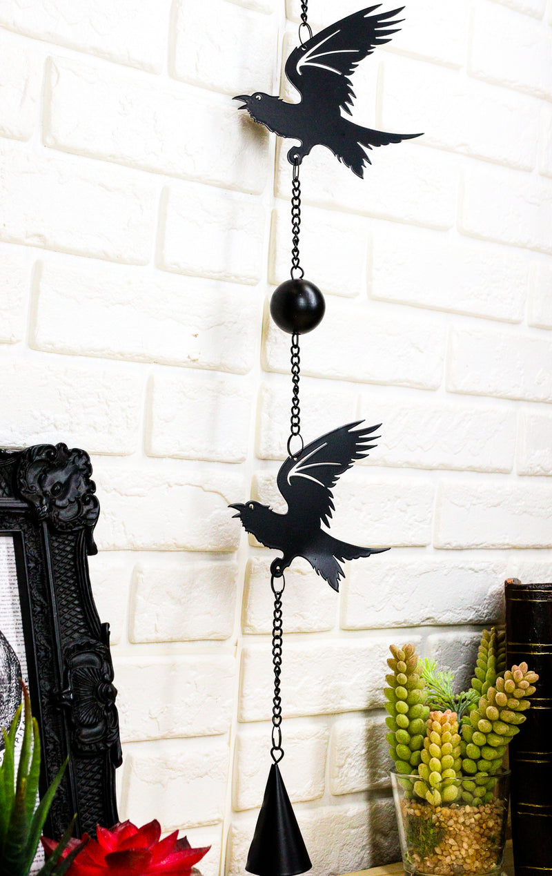 Gothic Bad Omen Trio Crow Ravens Metal Wall Hanging Mobile Wind Chime With Beads