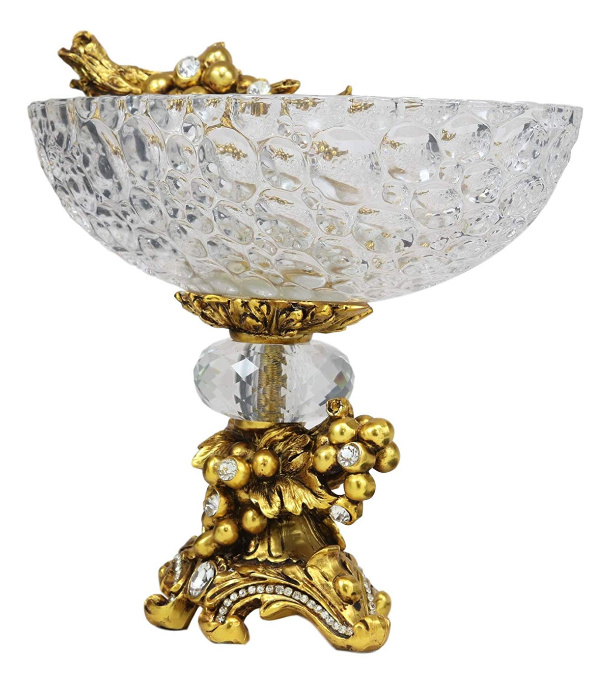 Ebros Gift Vintage Antique Baroque Design Oval Bowl Acrylic Glass Dish 11" Wide Dessert Fruits Footed Platter Stand with Electroplated Gold Vineyard Base Sculpture and Austrian Crystals Centerpiece - Ebros Gift