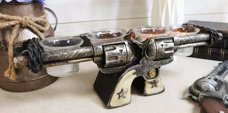 Western Cowboy Dual Crossed Sheriff Revolver Pistols 4 Votives Candle Holder