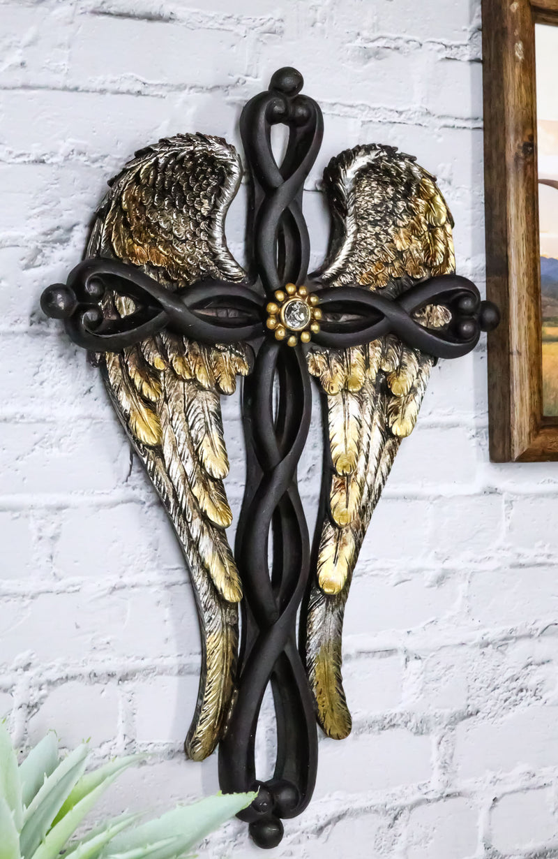 Inspirational Golden Angel Wings with Black Twisted Knotwork Wall Cross Plaque