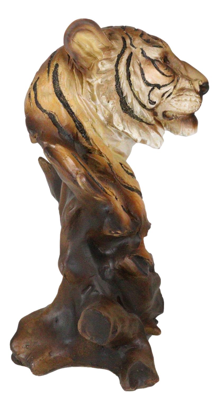 Faux Wood Large Exotic Jungle Wildlife Orange Bengal Tiger Bust Statue 11"Tall - Ebros Gift