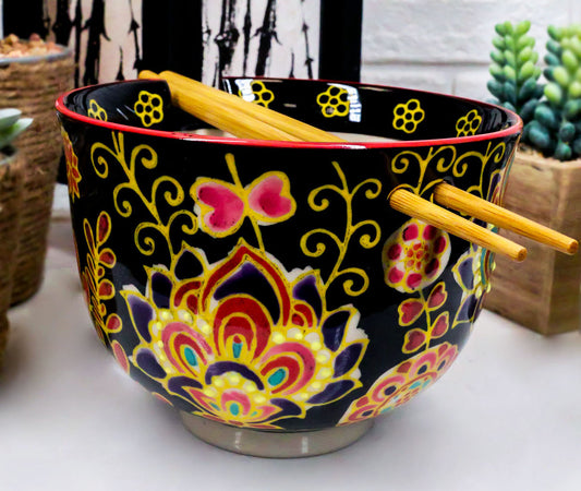 Colorful Floral Summer Blossoms On Black Ramen Soup Bowl With Chopsticks Set - Ebros Gift