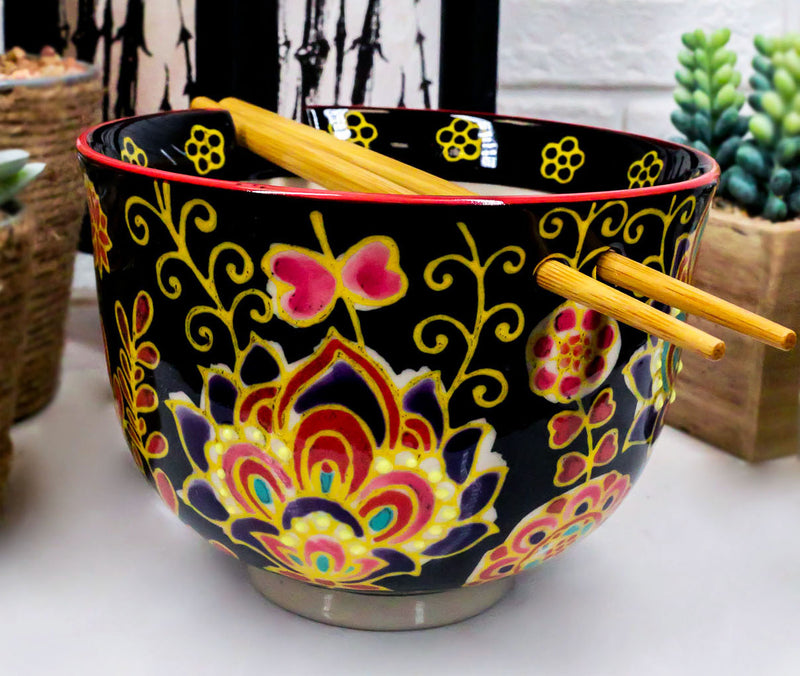 Colorful Floral Summer Blossoms On Black Ramen Soup Bowl With Chopsticks Set