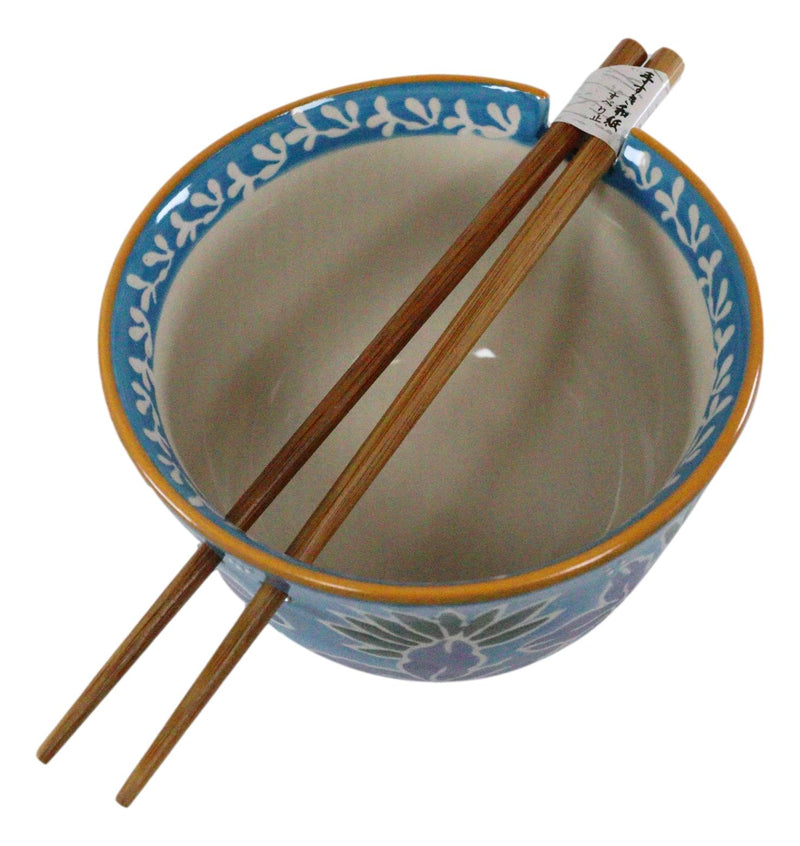 Ebros Pack Of 2 Blue Spring Flowers Ramen Noodles Soup Bowl With Bamboo Chopsticks Set