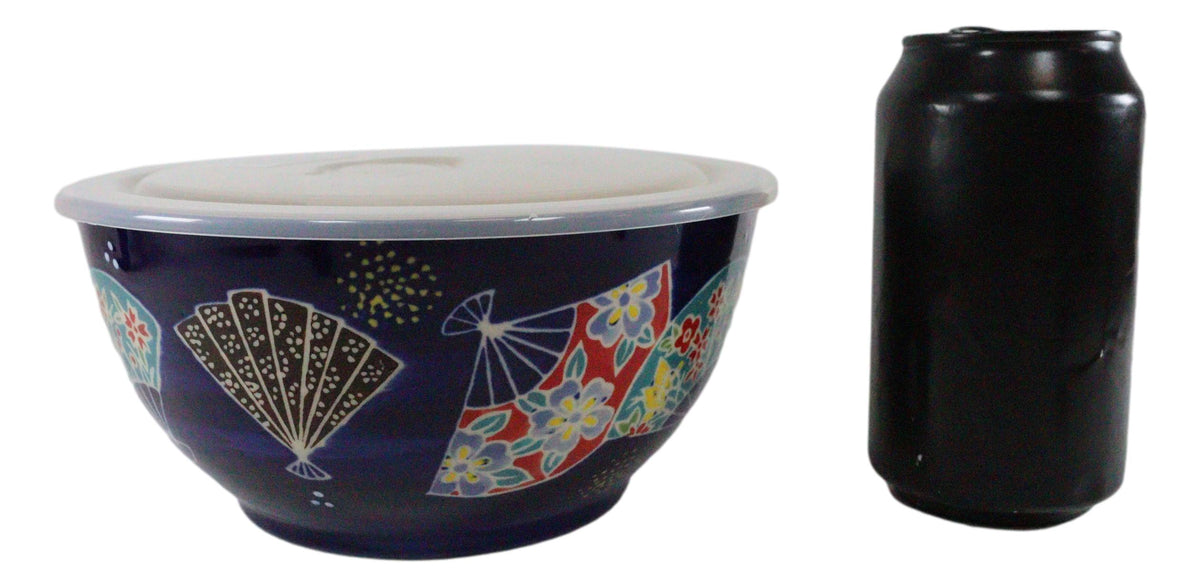 Ebros Set of 2 Ceramic Colorful Oriental Fans Portion Meal Bowls 5 Cups Airtight Lid