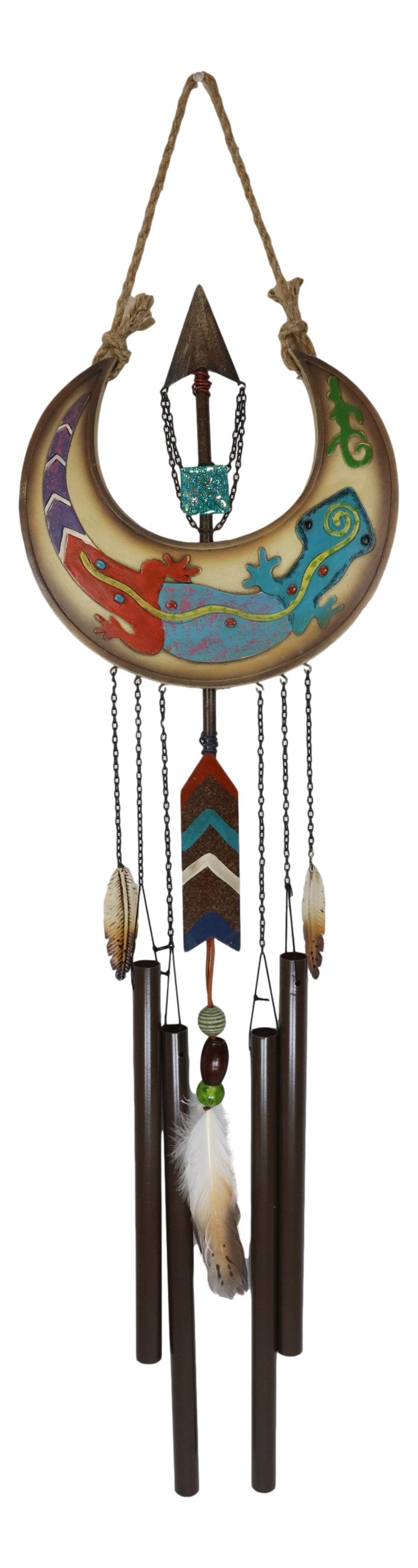 Southwest Tribal Indian Boho Chic Gecko Lizard Moon Arrow Feather Wind Chime