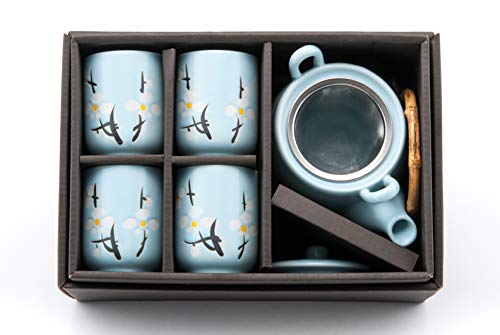 Ebros Gift Japanese Sakura Pastel Sky Blue Cherry Blossom Design Porcelain 20oz Tea Pot and 4 Cups Set Home Decor Asian Living Teapots Decorative Party Hosting Dining Table Accessories - Ebros Gift