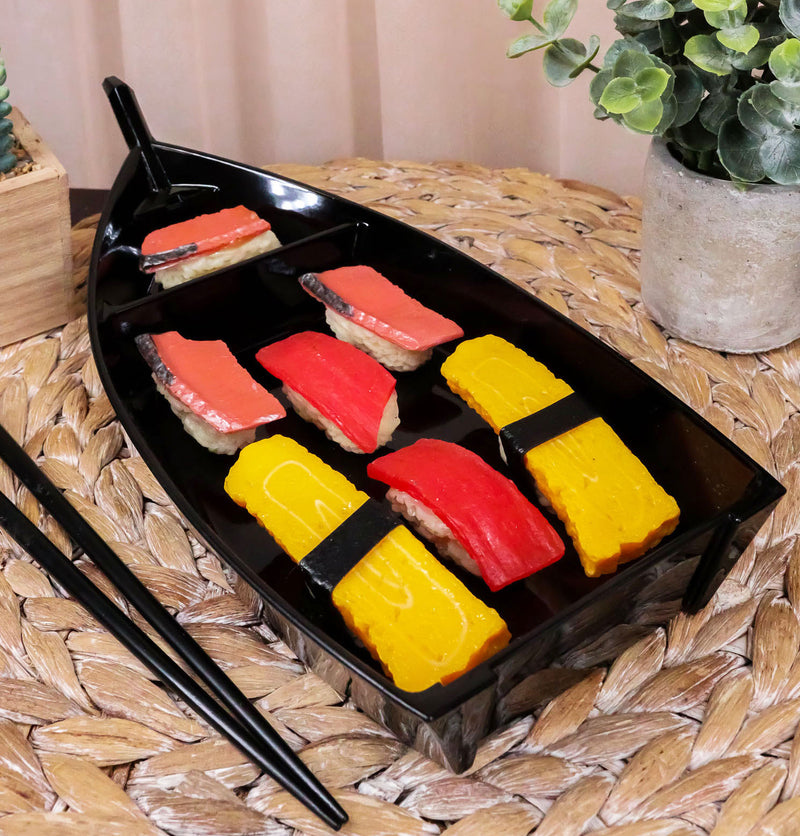 Set of Six Japanese Black Lacquered Plastic Sushi Boat Serving Plate Display