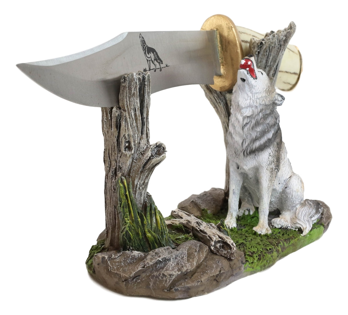 Rustic Forest Howling Gray Wolf Display With Decorative Dagger Knife Statue Set