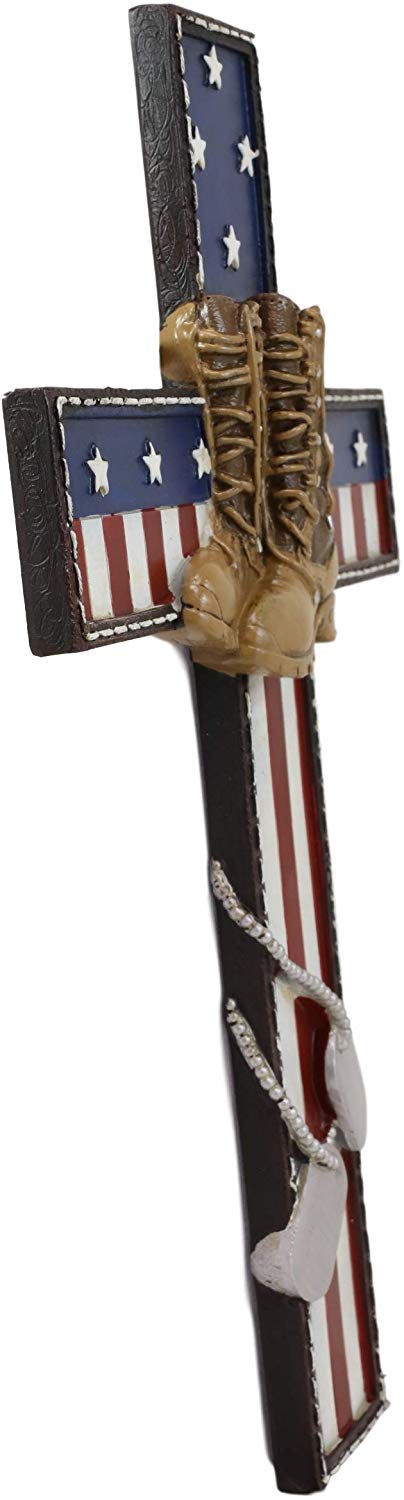 Ebros USA Flag Fallen Soldier W/ Boots & Dog Tag Memorial Cross Decor 11.75" H