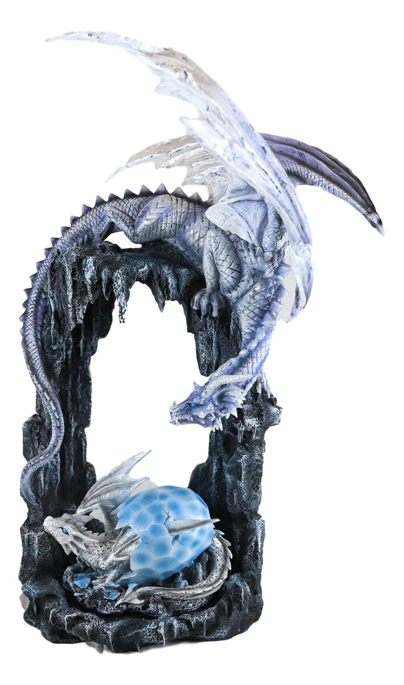Ebros  21"H White Frozen Dragon On Cavern With Wyrmling Hatchling In Egg Statue