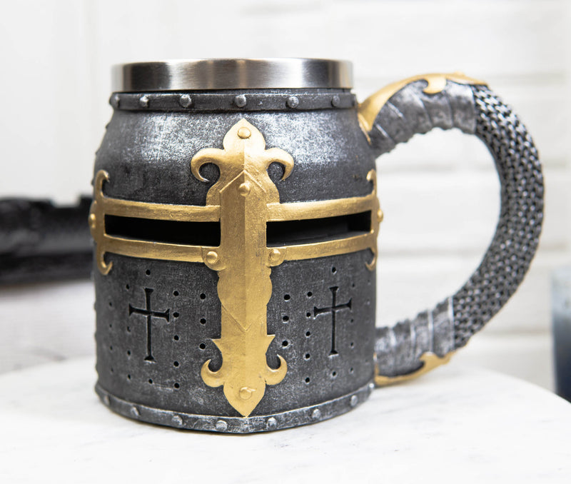 Ebros Gift Medieval Templar Crusader Knight Suit of Armor Helmet Beer Stein Tankard Coffee Cup Mug