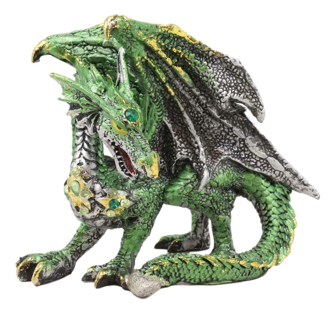 Ebros Metallic Green and Silver Crouching Emerald Dragon Statue 4.75" Long Figurine