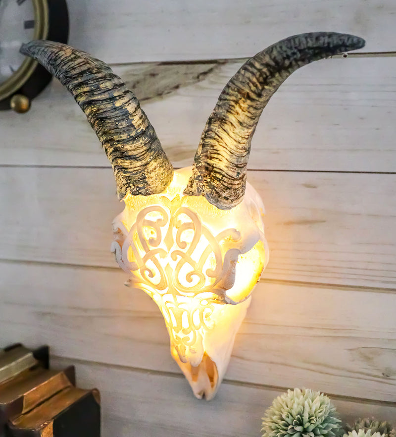 Rustic Tooled Filigree Bighorn Sheep Young Ram Skull LED Light Wall Decor Plaque