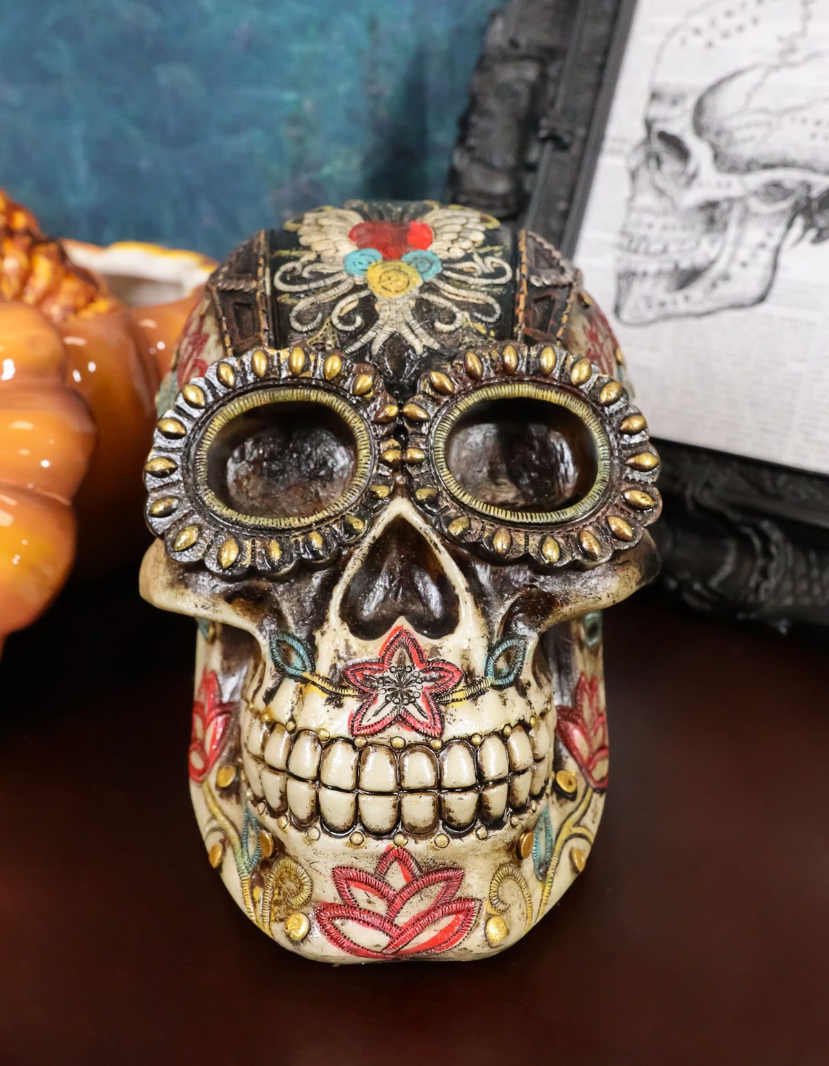 Day Of The Dead Floral Vines Embroidery Angel Wings Heart Motif Skull Figurine