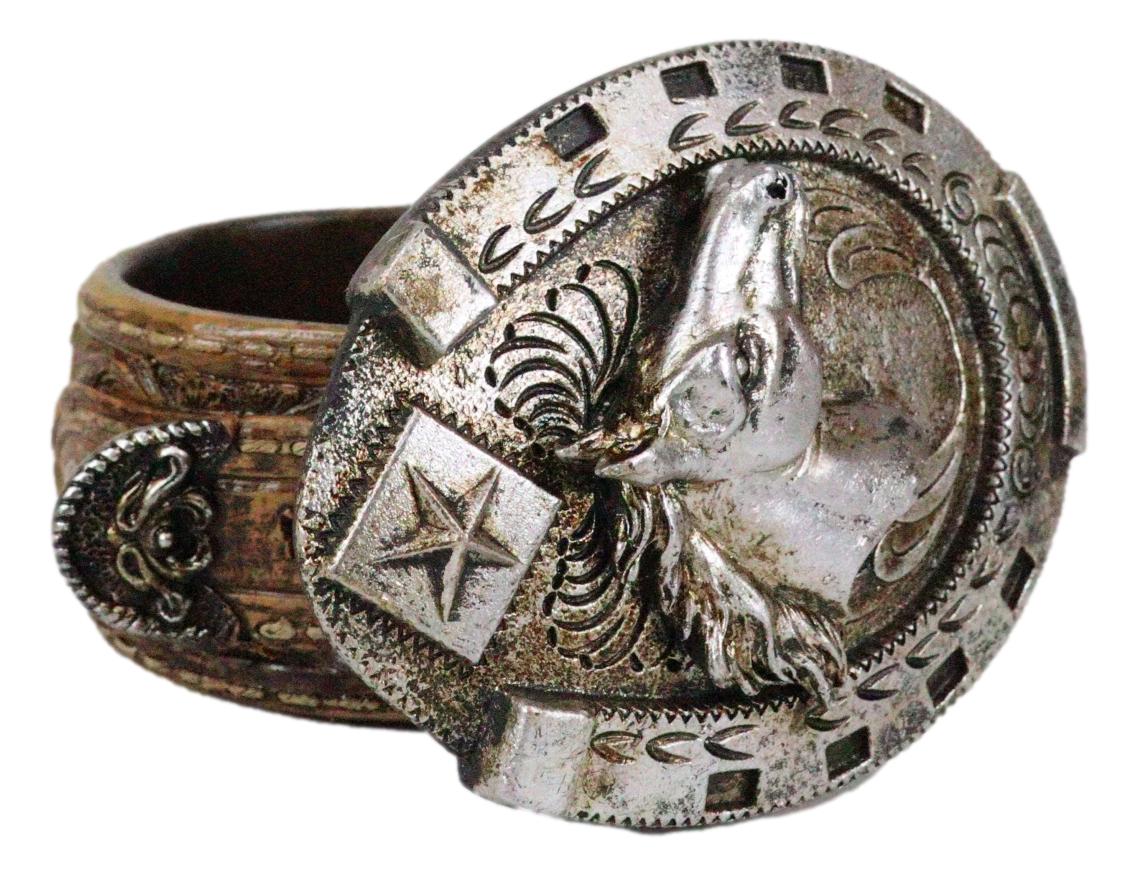 Rustic Western Horseshoe With Horse Scrollwork Concho Buckle Jewelry Trinket Box - Ebros Gift