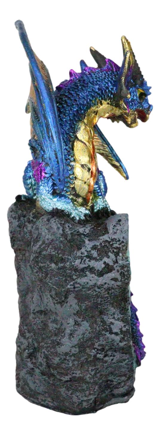 Metallic Blue Iridescent Dragon On Faux Geode Rock Quartz Crystal Cove Figurine