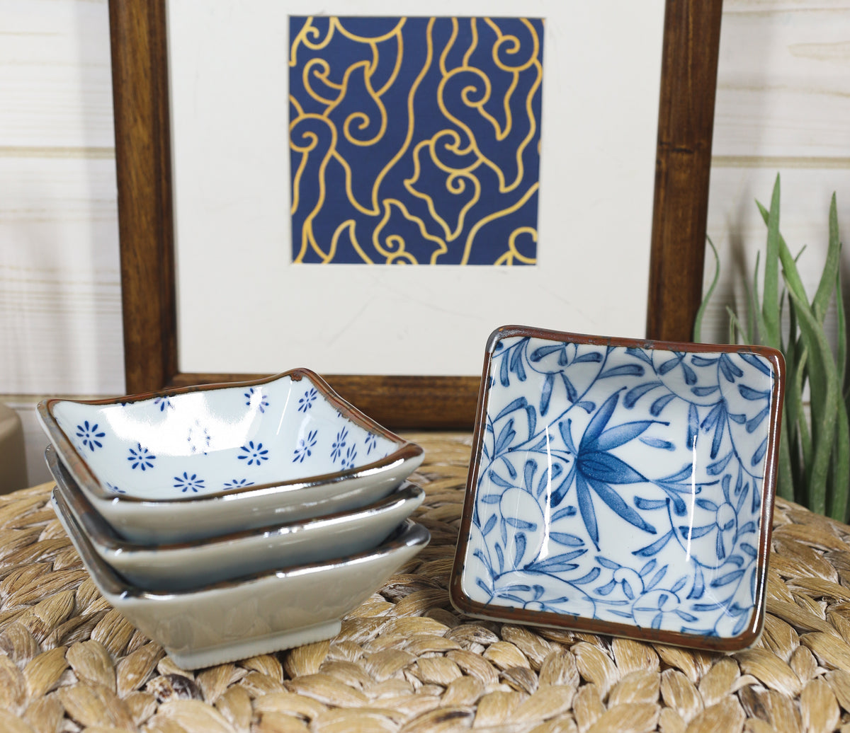 Made In Japan Multi Patterned Square Sauce Condiment Dipping Bowl Set Serves 4