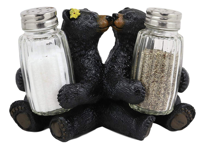 Ebros Whimsical Valentines Black Bear Couple Kissing Figurine Holder With Glass Salt And Pepper Shakers Romantic Bears Rustic Home And Kitchen Dining Decorative Statue Cabin Lodge Mountainside Decor