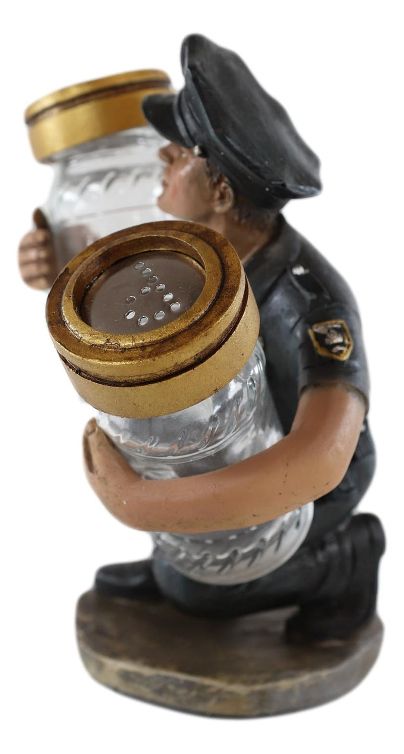 Police Man Officer Cop In Blue Uniform Kneeling Salt Pepper Shakers Holder