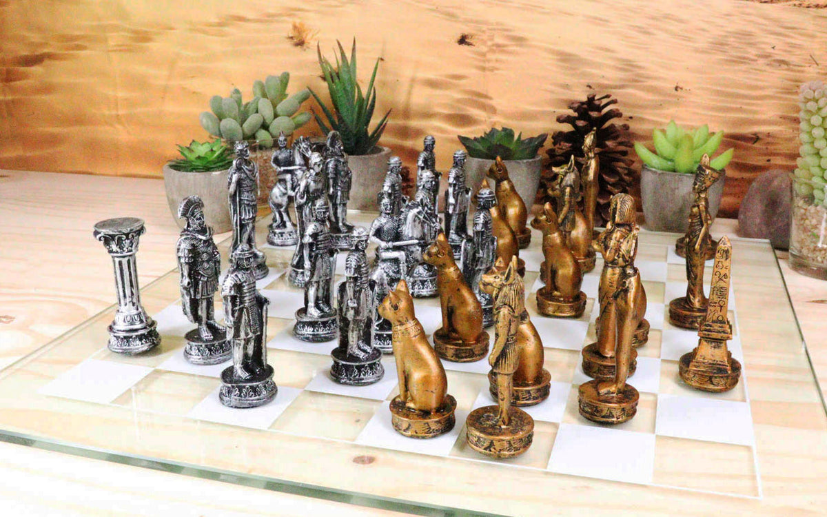 Ebros Kingdoms at War Egyptian VS Roman Army Resin Chess Pieces With Glass Board Set