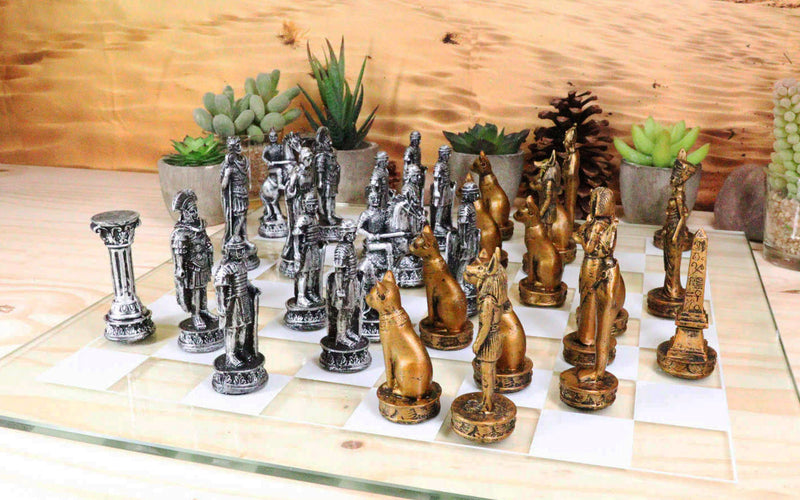 Ebros Kingdoms at War Egyptian VS Roman Army Resin Chess Pieces With Glass Board Set