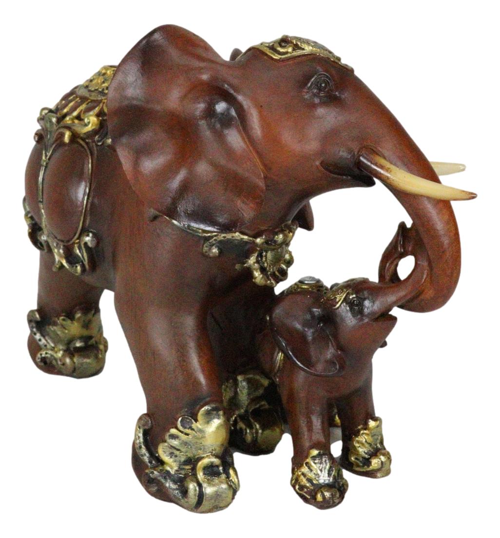 Thai Buddhism Noble Wood Finished Resin Mother Elephant With Calf Figurine Decor - Ebros Gift