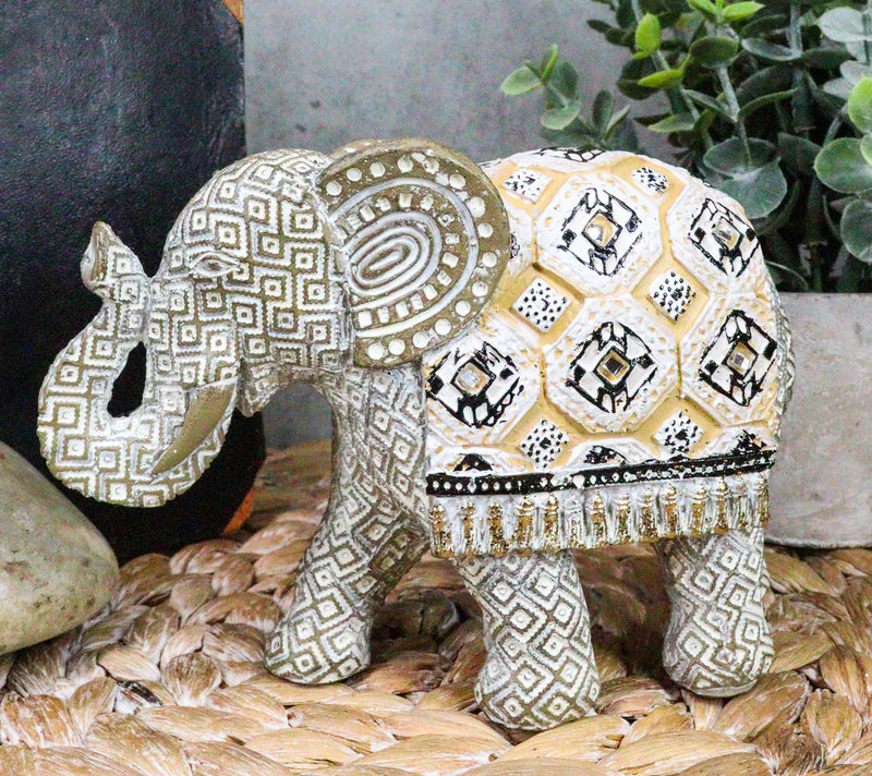 Ebros Silver Geometric Elephant Statue with Unique Tapestry Blanket Design 6.25" Long