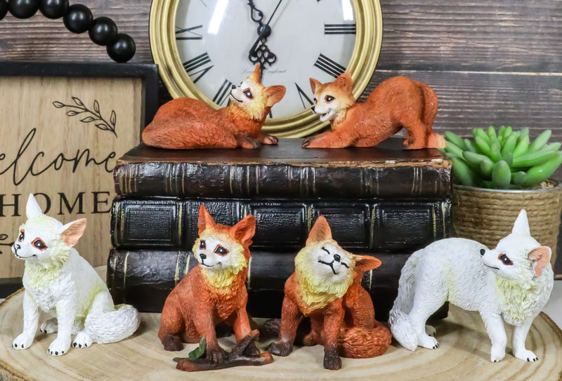 Set Of 6 Whimsical Pet Pals Playful Red And White Baby Fox Cubs Mini Figurines