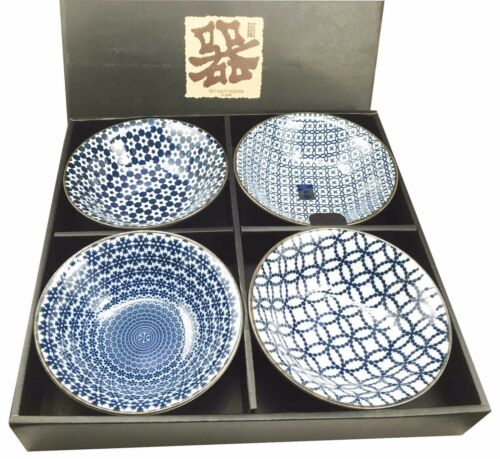 Ebros Made In Japan 4 Piece Geometry Ceramic Dining Rice Meal Soup Bowls 5.5"Diameter