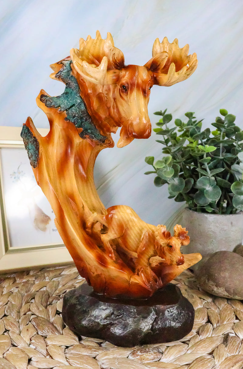 Ebros Rustic Faux Wood Wildlife North American Moose With Calf Figurine