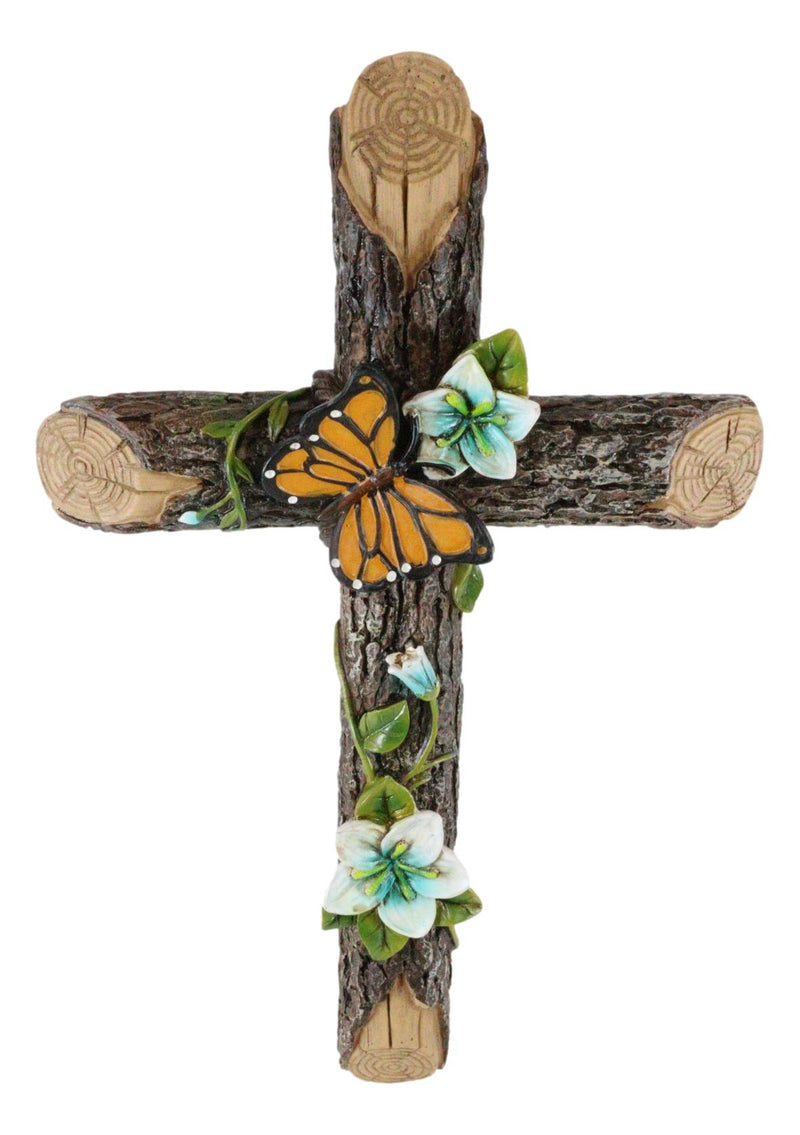 Rustic Western Butterfly Flitting On Flower Vines Faux Wooden Bark Wall Cross