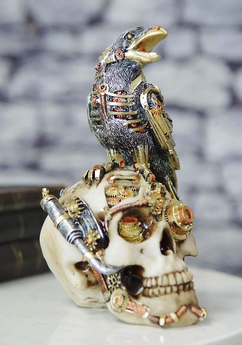 Ebros Colorful Steampunk Cyborg Raven On Submariner Clockwork Gears Skull Statue