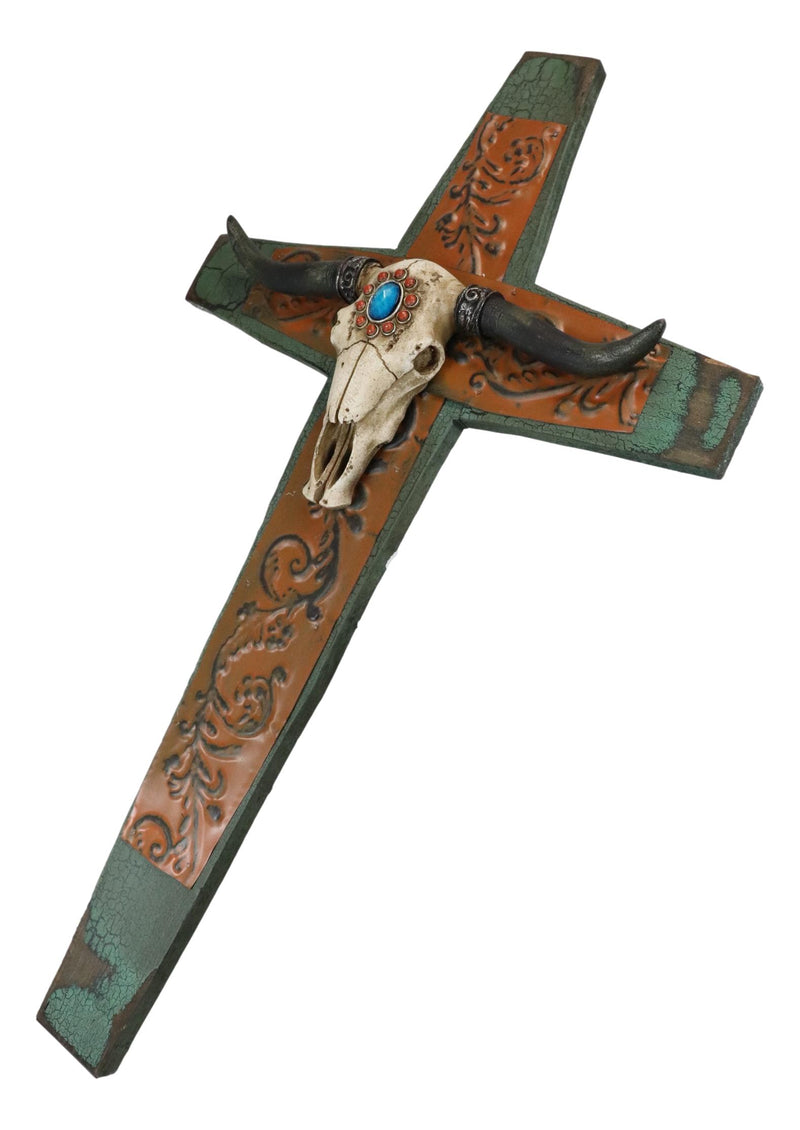 Rustic Western Turquoise Sun Floral Scroll Longhorn Bull Cow Skull Wall Cross