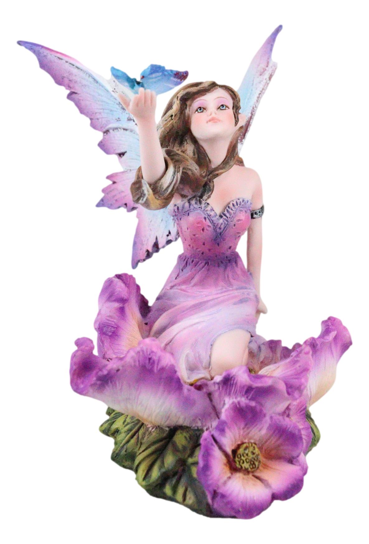 Whimsical Fantasy Fuchsia Pink Flower Fairy With Blue Butterfly Figurine