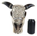 Western Rustic Cow Skull With Tooled Tribal Scroll Detailing Vase Planter Decor