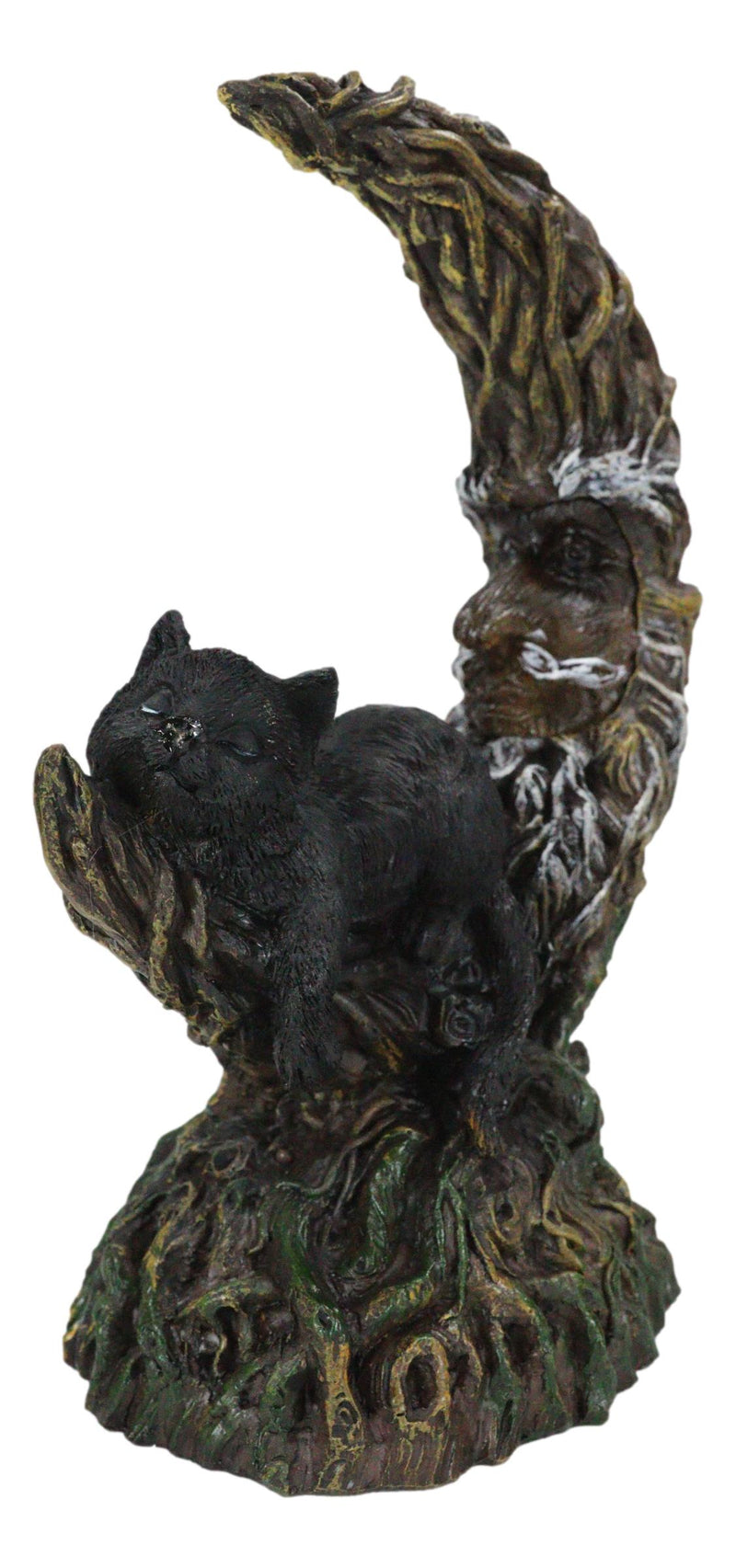 Black Cat Sitting On Crescent Greenman Tree Moon Figurine With LED Night Light