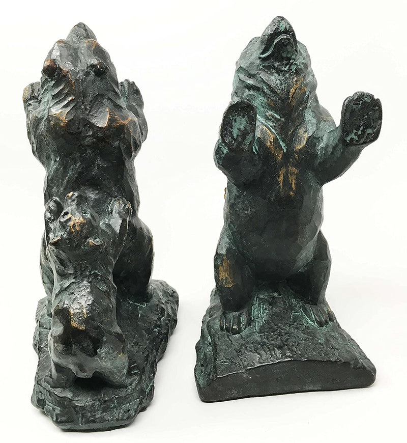 Family Grizzly Momma Bear and Cub Pushing Weight Bookends Pair Resin Figurine