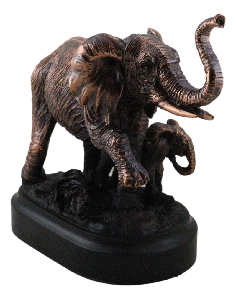 African Safari Bush Elephant Mother With Calf On Jungle March Figurine With Base