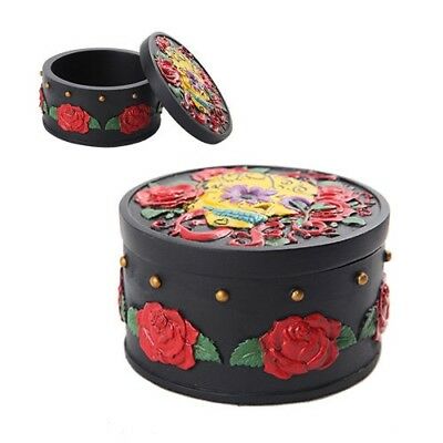 Ebros Black with Red Roses Day of The Dead Skull Box Decorative Trinket Box 3"Diameter