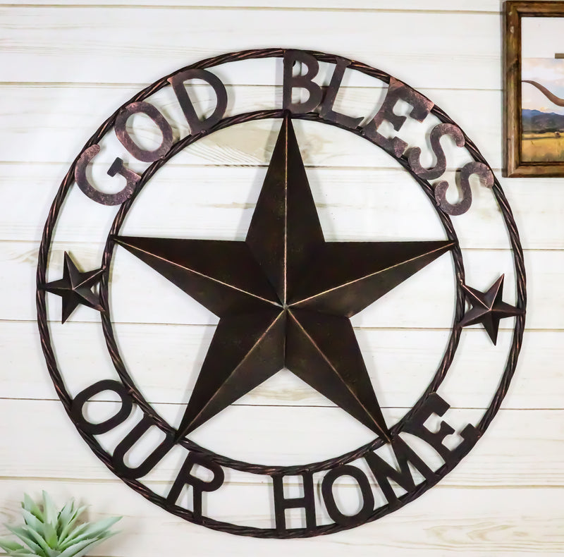 24"D Rustic Western Lone Star God Bless Our Home Metal Circle Wall Plaque Sign