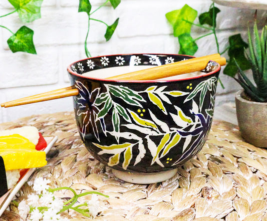 Ebros Pack Of 2 Night Willow Floral Bamboo Ramen Noodles Soup Bowl With Chopsticks Set